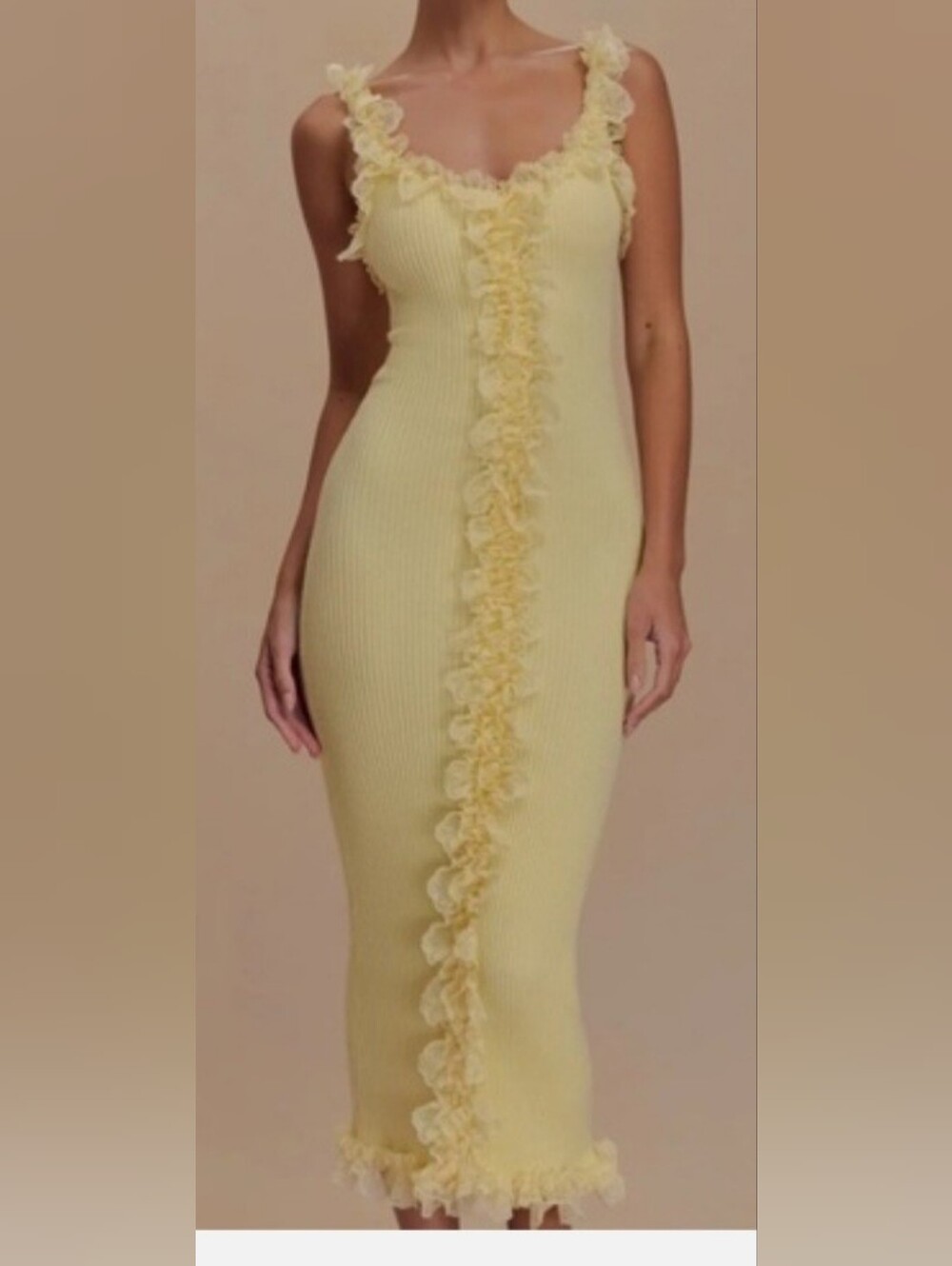 Meshki Pale Yellow Ribbed Maxi Dress with Center Ruffle